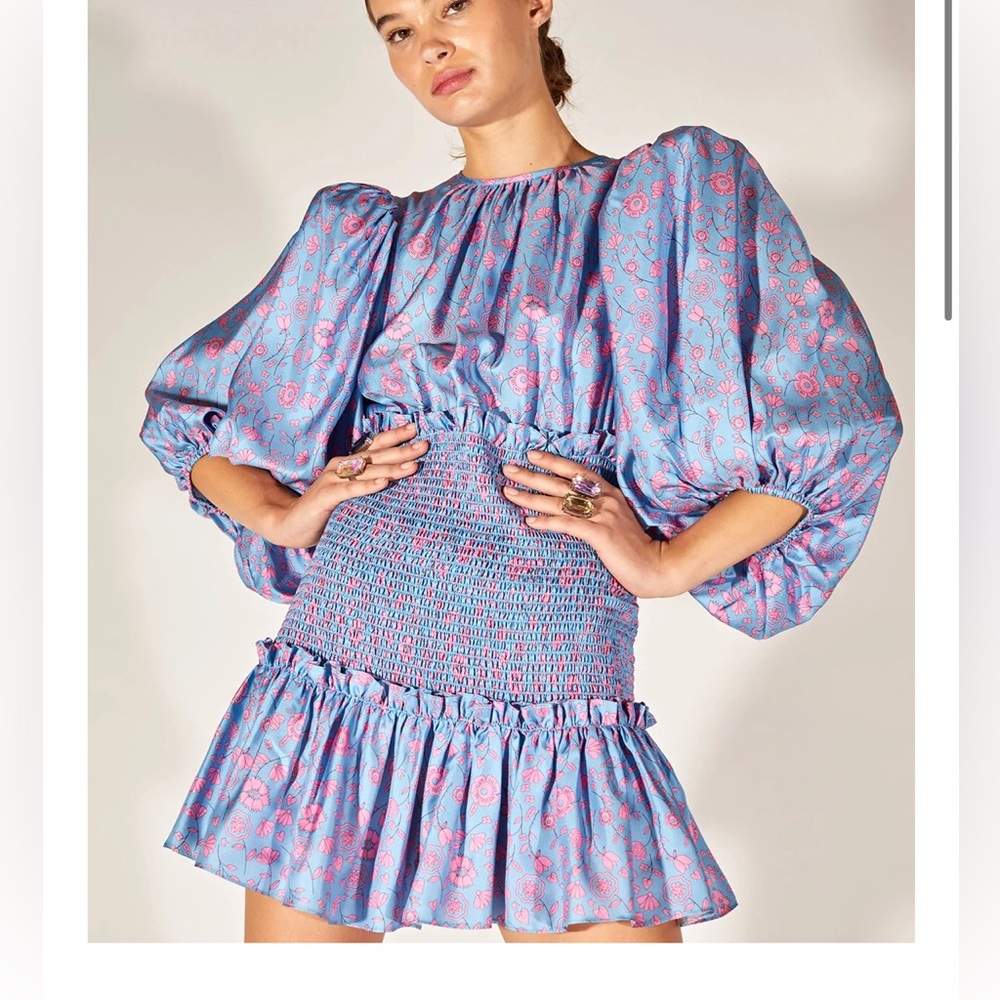 Cynthia Rowley smocked silk twill dress NWT